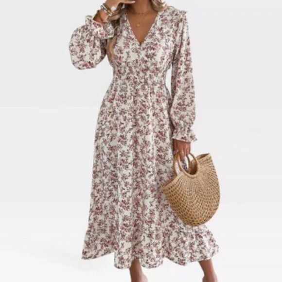 No Brand Dresses & Skirts - Women’s White Floral Ruffle Maxi Dress Long Sleeve Sweetheart Neck XL New